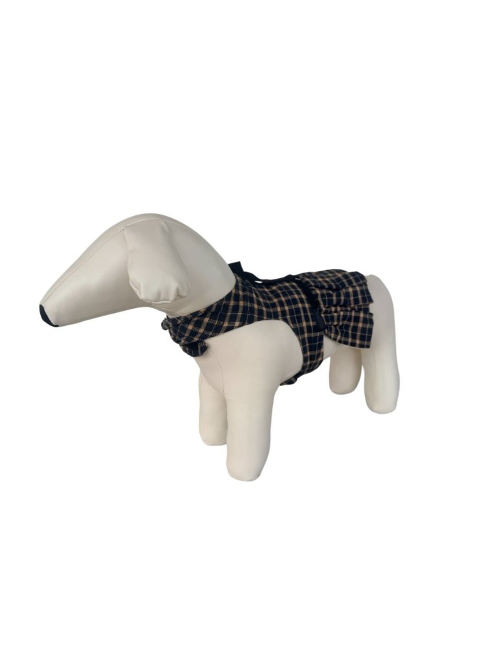 Handmade Small Dog Adjustable Dress Outfit w Harness Plaid Beige & Black - Picture 3 of 5